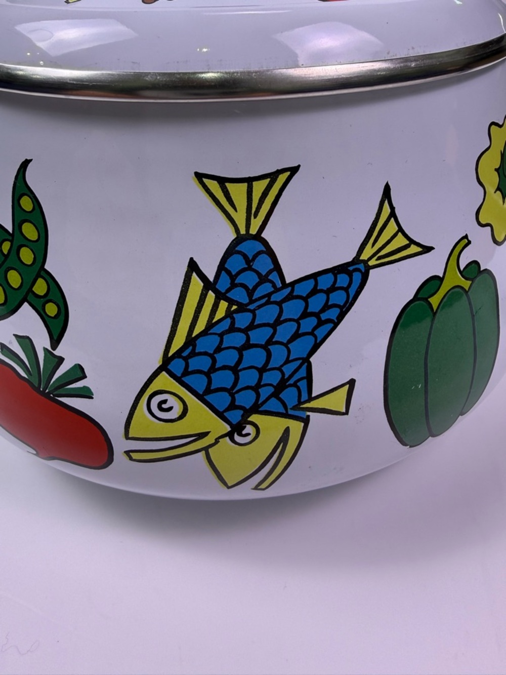 Vintage 70’s San Ignacio Enamel Fondue Pot Lid Seafood Vegetable Print No Stand - Picture 11 of 13